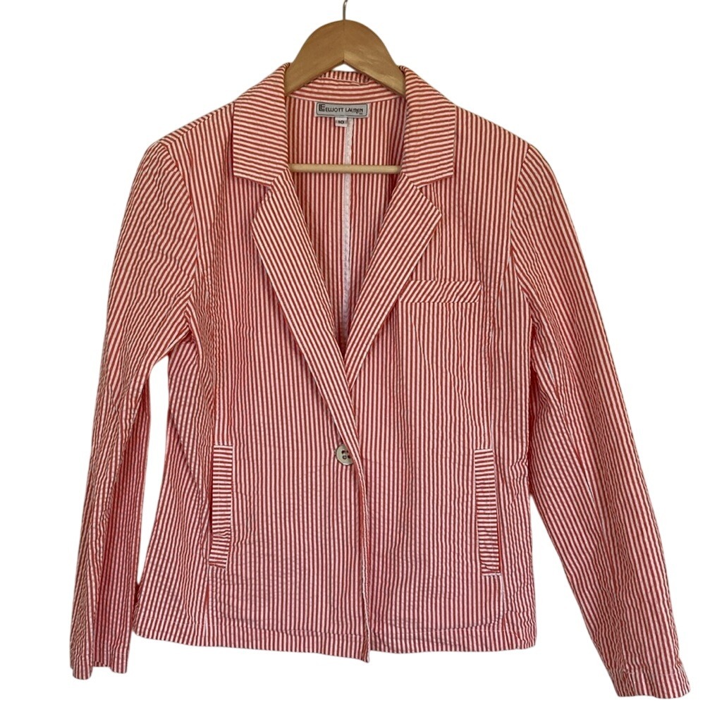 Elliott Lauren Womens Striped Seersucker Blazer Size 10 Orange White Summer